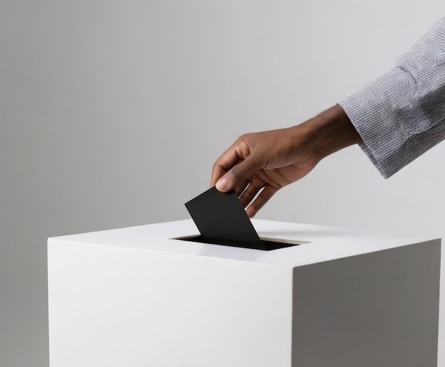 Um homem vota uma cédula preta numa urna branca.