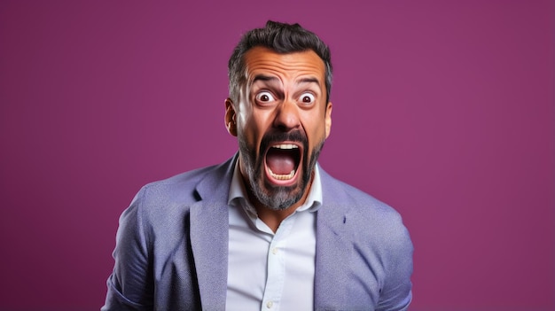 Foto um homem zangado grita contra um fundo roxo
