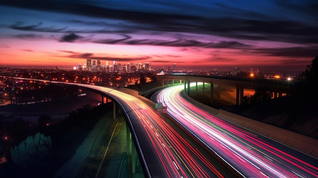 Um horizonte da cidade à noite com longa exposição de imagem ai geradora de tráfego