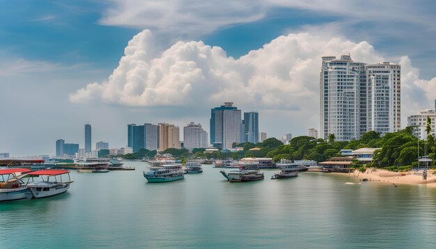 um horizonte da cidade com barcos na água e uma cidade ao fundo