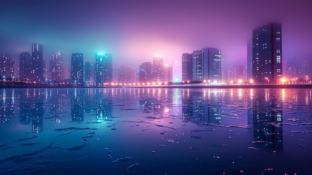 Foto um horizonte da cidade com luzes refletidas na água