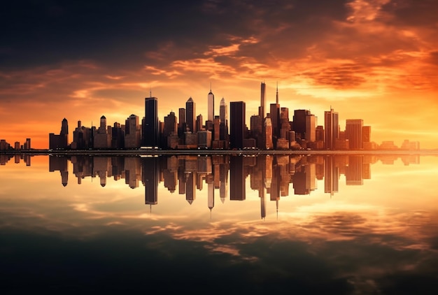 Um horizonte da cidade com um pôr do sol dourado e a palavra chicago na parte inferior.