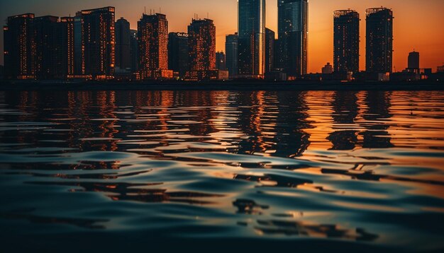 Um horizonte da cidade com um reflexo da cidade na água