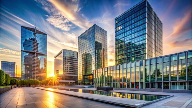 um horizonte da cidade com um reflexo de um edifício nele