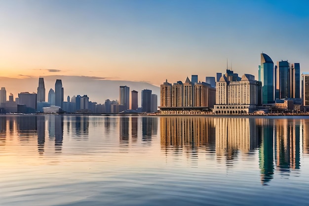 Um horizonte da cidade com um reflexo do horizonte da cidade na água.