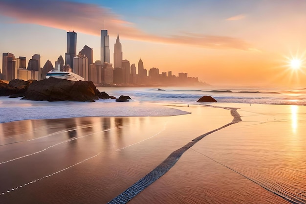 Um horizonte da cidade com uma praia e uma cidade ao fundo