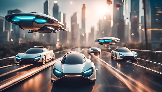 Um horizonte de cidade futurista com carros voadores