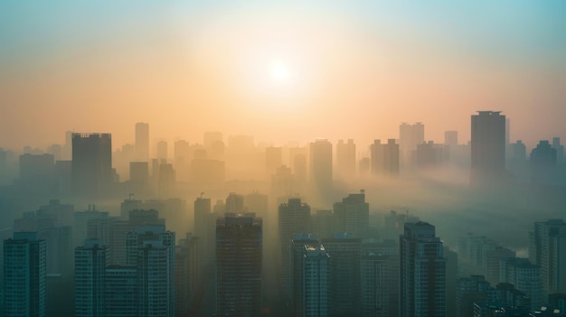 Um horizonte de cidade poluído obscurecido por smog e névoa servindo como um lembrete crudo da urgente necessidade de conservação ambiental e soluções de energia limpa