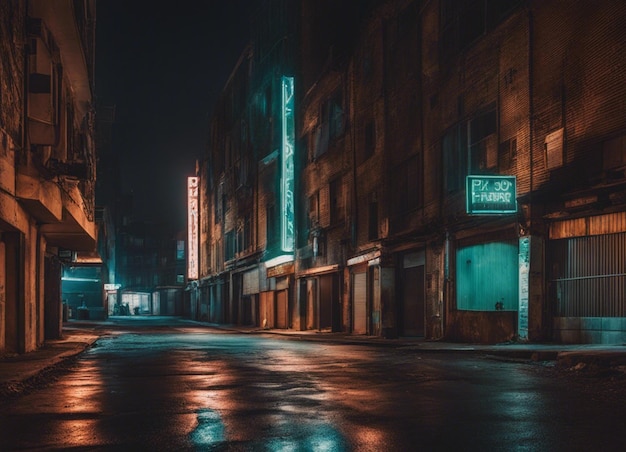 Foto um horizonte iluminado da cidade ruas molhadas movimento borrado cenário urbano cyberpunk
