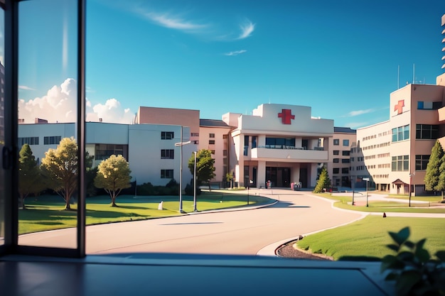 Um hospital com uma cruz vermelha na frente