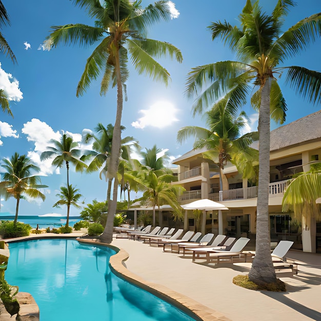 um hotel com palmeiras e uma piscina com um fundo de céu