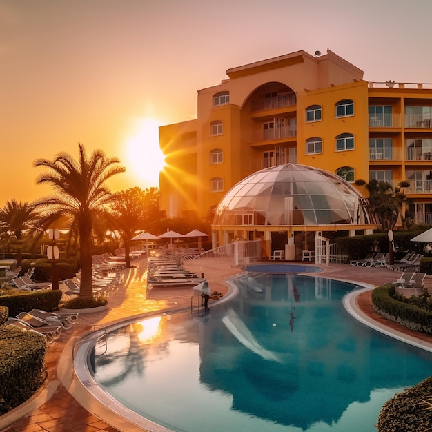 Um hotel com uma palmeira e uma piscina em frente.