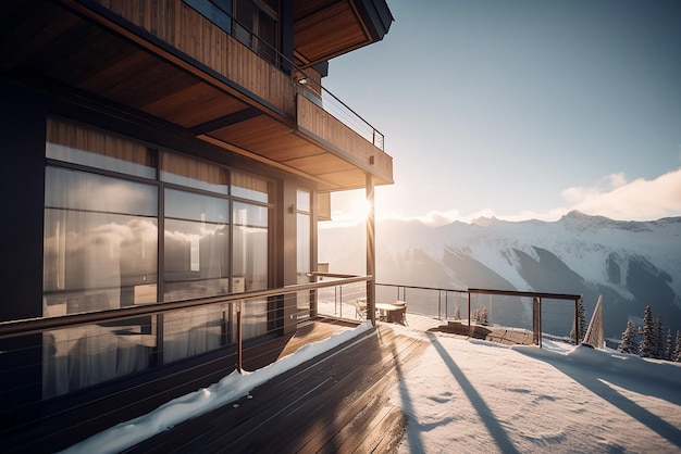 Um hotel de luxo na montanha, um hotel de esqui em um cenário de montanhas cobertas de neve