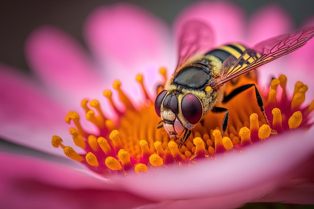 Um hoverfly em uma flor rosa no modo macro