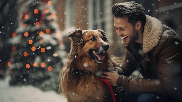 Um humano e um cachorro são melhores amigos Homem e cachorro caminham em uma floresta nevada no inverno, em neve profunda em um dia ensolarado Foto de alta qualidade