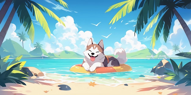 Um husky bonito a tomar sol na praia.