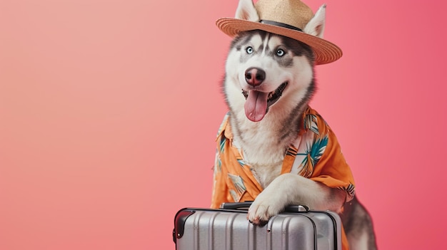 um husky siberiano sorridente vestindo uma camisa e chapéu turístico carregando uma grande mala Generative Ai