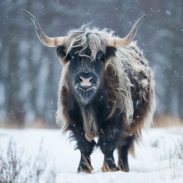 Um iaco selvagem Bos muda na neve no inverno Ai generativo