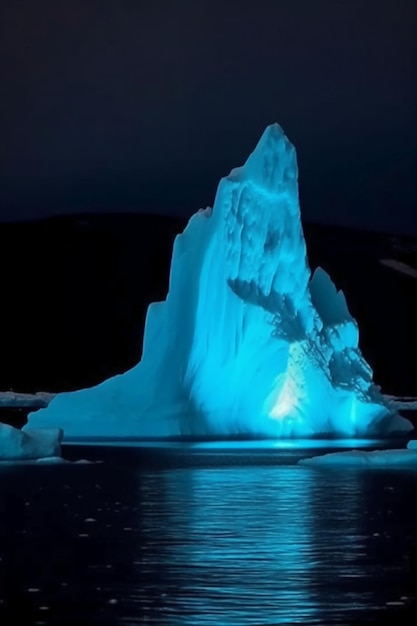 Um iceberg azul é iluminado com uma luz azul.