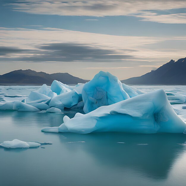 um iceberg com uma montanha no fundo e uma montanha ao fundo