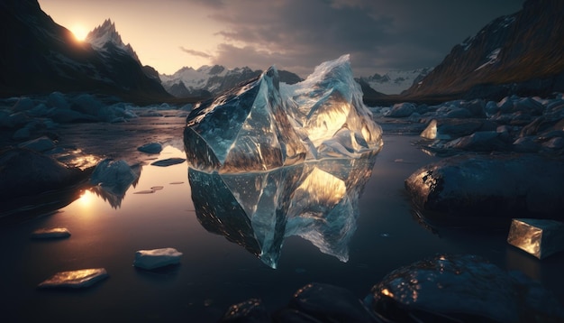 Um iceberg em um lago com montanhas ao fundo