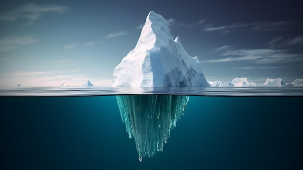 Um iceberg está acima da água e a água é azul.