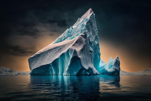 Um iceberg flutuando no oceano com o céu ao fundo.