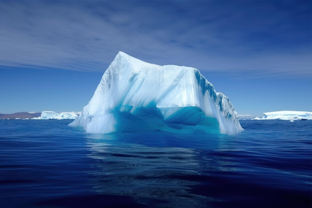 Um iceberg flutuando no oceano com o céu ao fundo.