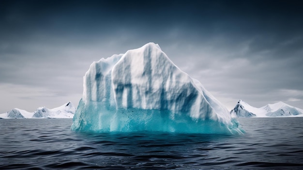 Um iceberg flutuando no oceano com um céu azul ao fundo.