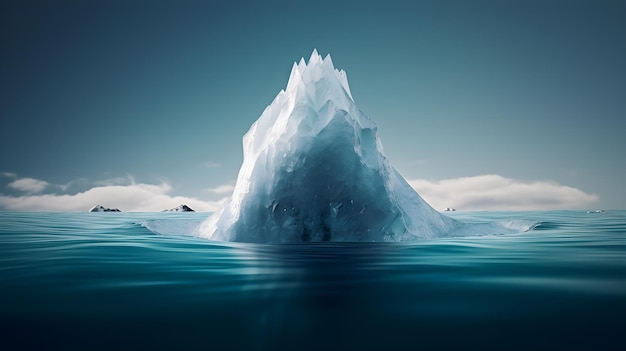 Um iceberg flutuando no oceano com um céu azul ao fundo.
