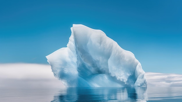 Um iceberg flutuando no oceano com um céu azul atrás dele.