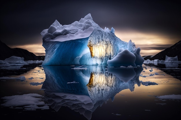 Um iceberg maravilhoso com um belo reflexo no mar, um conceito com um céu dramático.