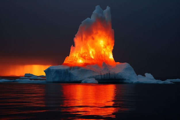 Um iceberg queimando de dentro criando um espetáculo extraordinário de fogo e gelo