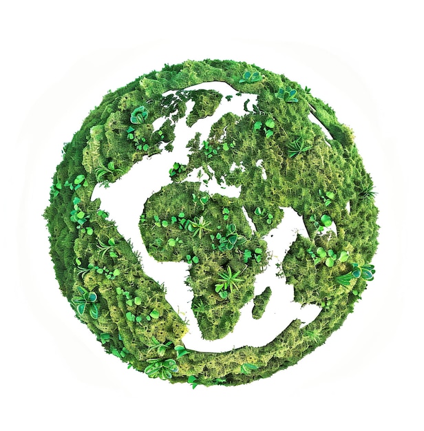 Um ícone da Terra feito de musgo verde contra um fundo branco O planeta é retratado