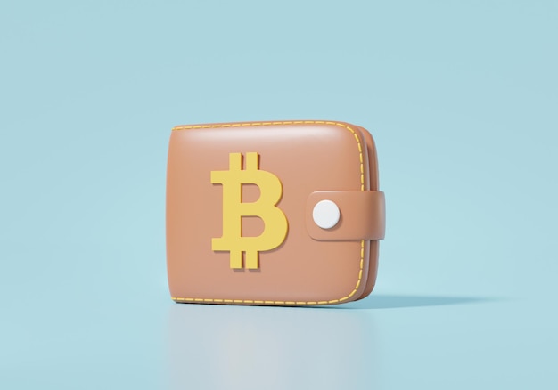 Um ícone de carteira de bitcoin marrom com conceito de reembolso de criptomoeda Finanças estilo mínimo de desenho animado de pagamento on-line no banner de fundo azul-céu isolado 3d render ilustração