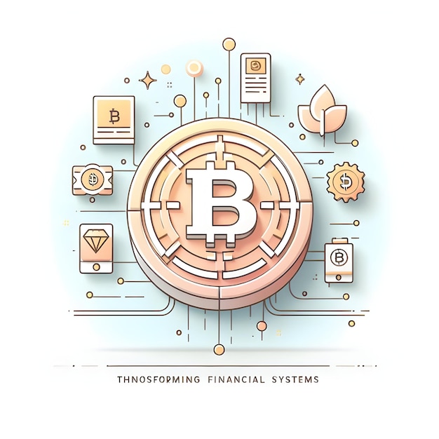 Um ícone plano 3D de uma moeda com um circuito digital e o texto Cryptocurrency Innovations Transformin