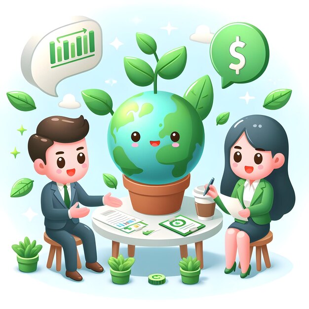 Foto um ícone plano 3d do conceito de sustentabilidade feliz um conselheiro financeiro discutindo opções de investimento verde