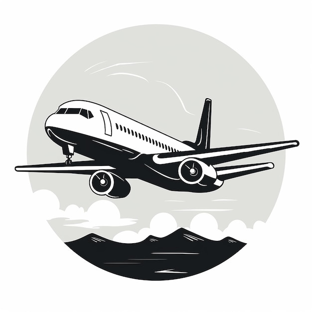 Foto um ícone preto e branco de um avião moderno sem sombra