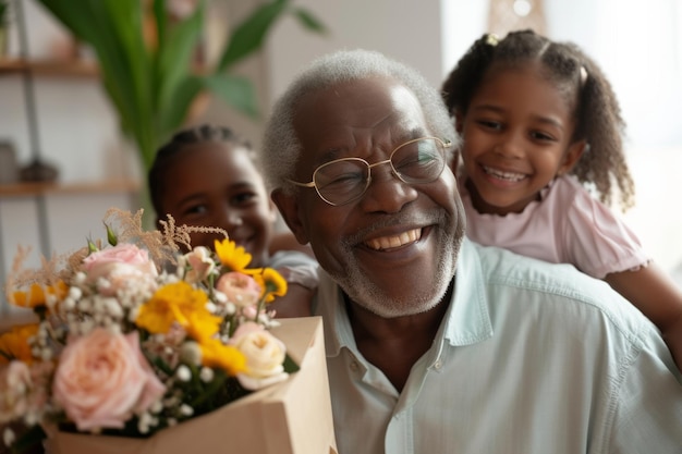 Um idoso afro-americano feliz recebe presentes de seus netos. Crianças fazem uma surpresa de aniversário para o avô. As crianças dão ao avô um cartão de presente e um buquê de flores.