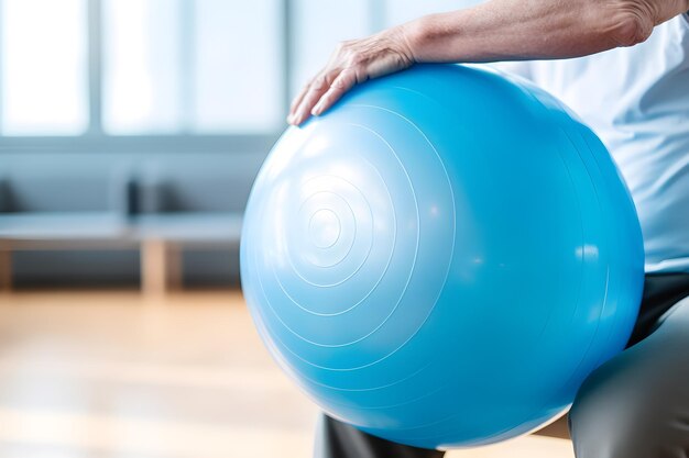 Foto um idoso caucasiano a fazer exercício com uma bola suíça num ginásio.