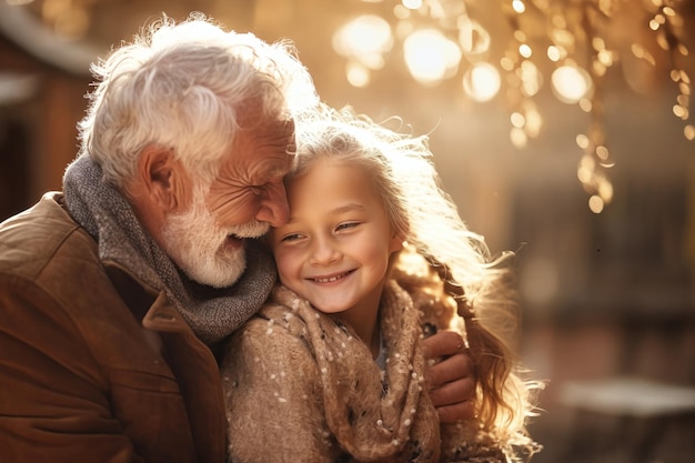 Um idoso com uma menina no parque Eles se abraçam, se divertem e se alegram com o encontro Encontro da neta e do avô Cuidando do idoso Valores da família