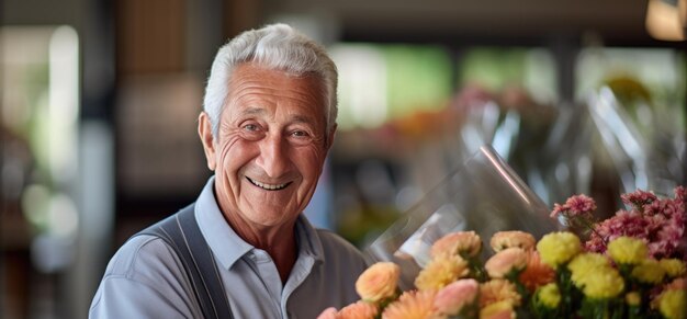 Um idoso feliz segura um buquê de flores nas mãos.