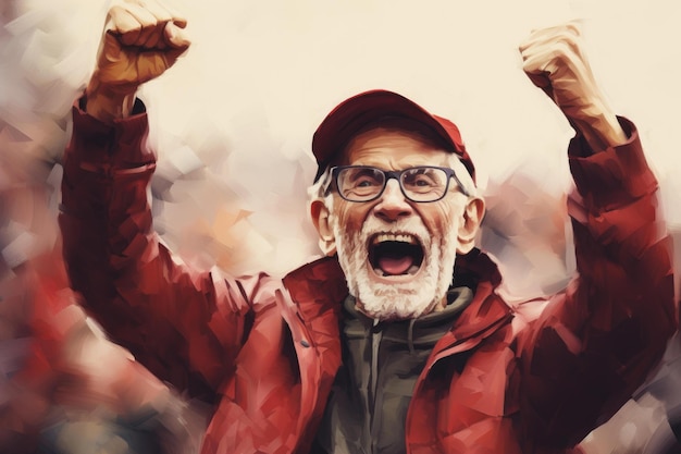 Foto um idoso jubilante a celebrar a vitória.