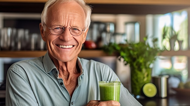 Um idoso saudável sorrindo enquanto segura um copo de suco verde na cozinha