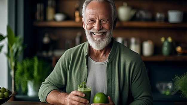 Um idoso saudável sorrindo enquanto segura um copo de suco verde na cozinha