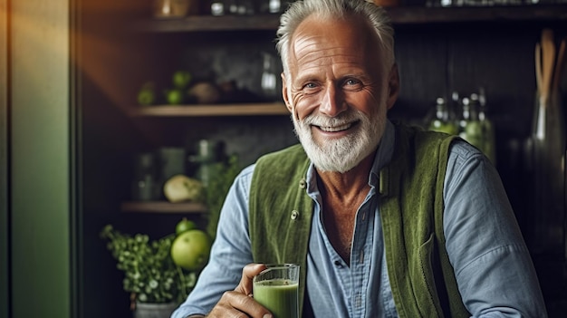 Um idoso saudável sorrindo enquanto segura um copo de suco verde na cozinha