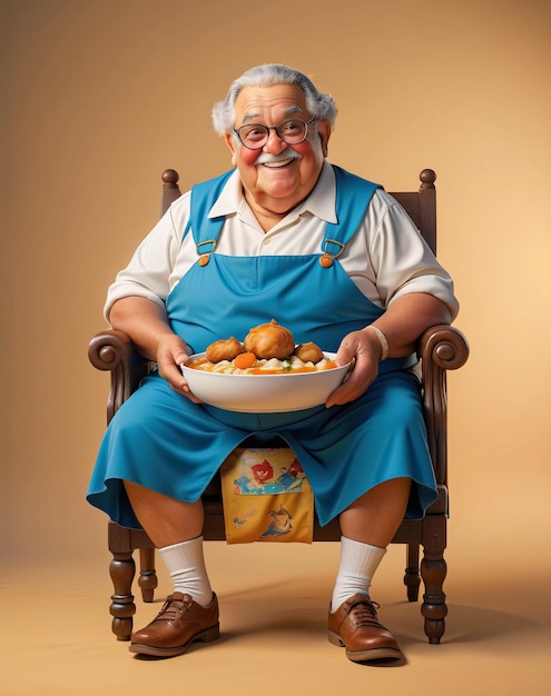 um idoso sentado em uma cadeira segurando uma tigela de comida