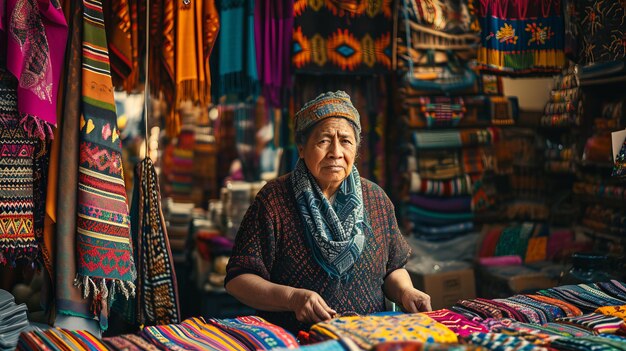 Foto um imigrante vendendo seus tecidos artesanais feitos à mão em um mercado local