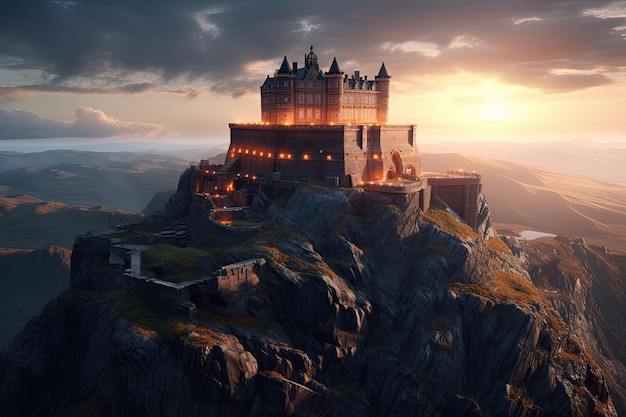 Um imponente castelo medieval situado em paisagens de fantasia no topo de uma montanha Generative AI