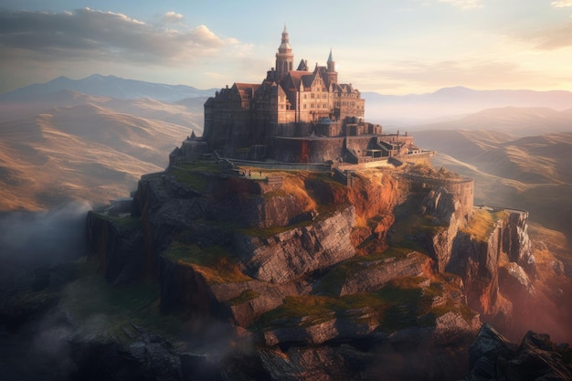 Um imponente castelo medieval situado em paisagens de fantasia ou no topo de uma montanha Generative AI